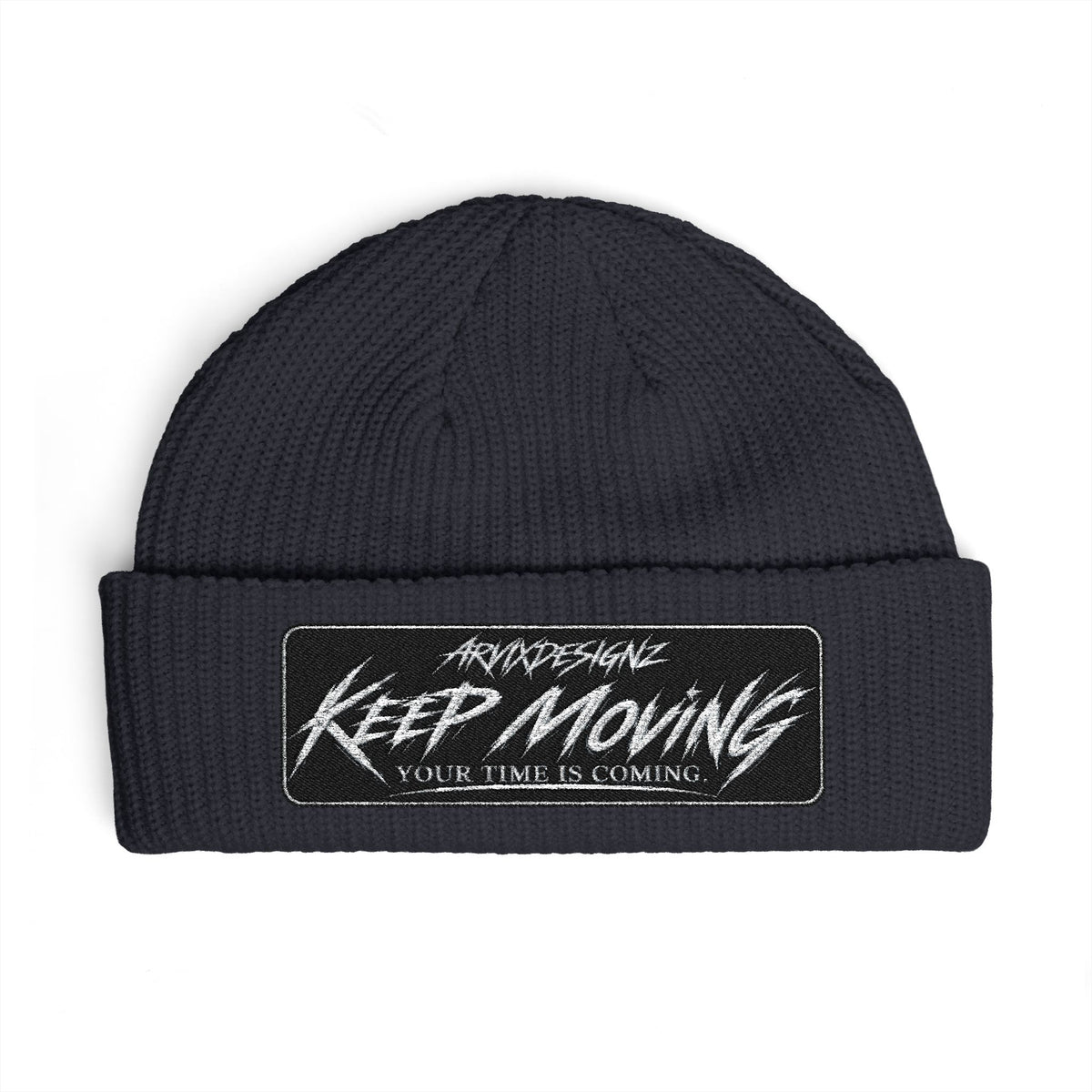 ARVIX embroidered cuff beanie, wide-ribbed knit streetwear hat