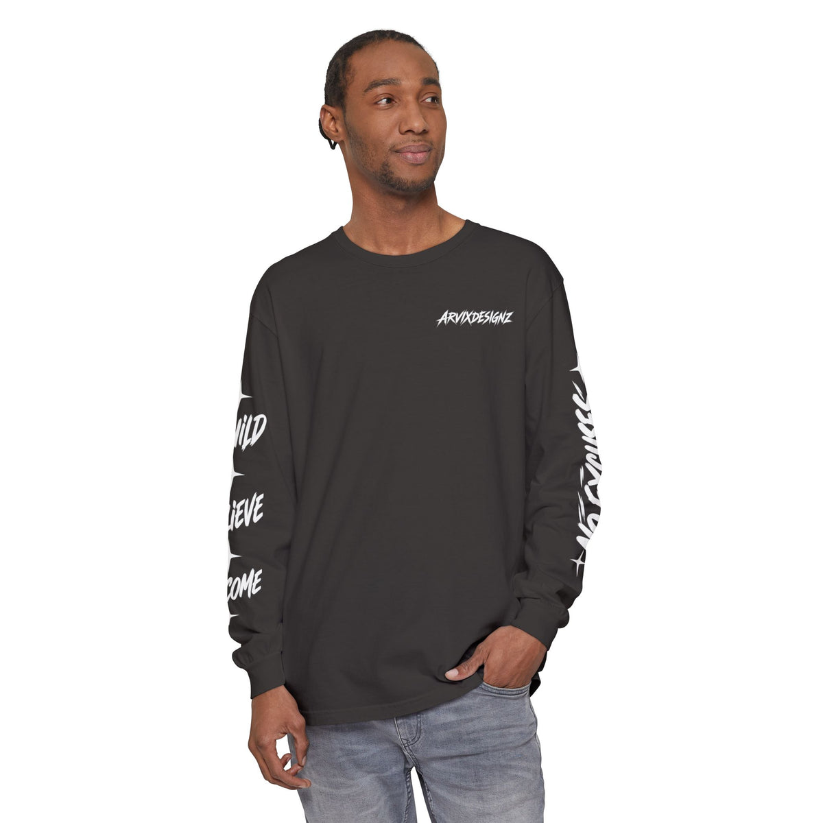 Long sleeve tee with 'Become What You Said You Would' script design
