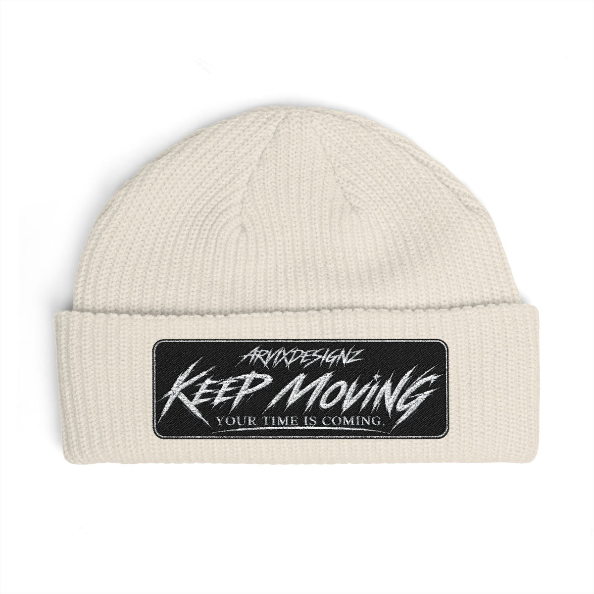 ARVIX embroidered cuff beanie, wide-ribbed knit streetwear hat