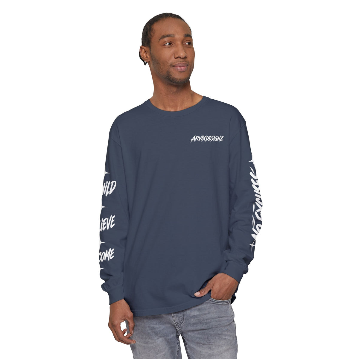 Long sleeve tee with 'Become What You Said You Would' script design